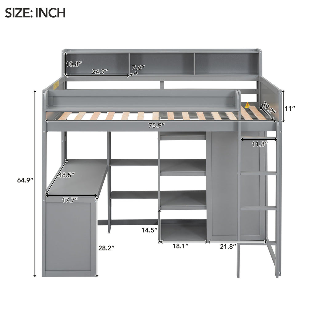 Loft Bed With Built In Desk, Storage Shelves, And Wardrobe