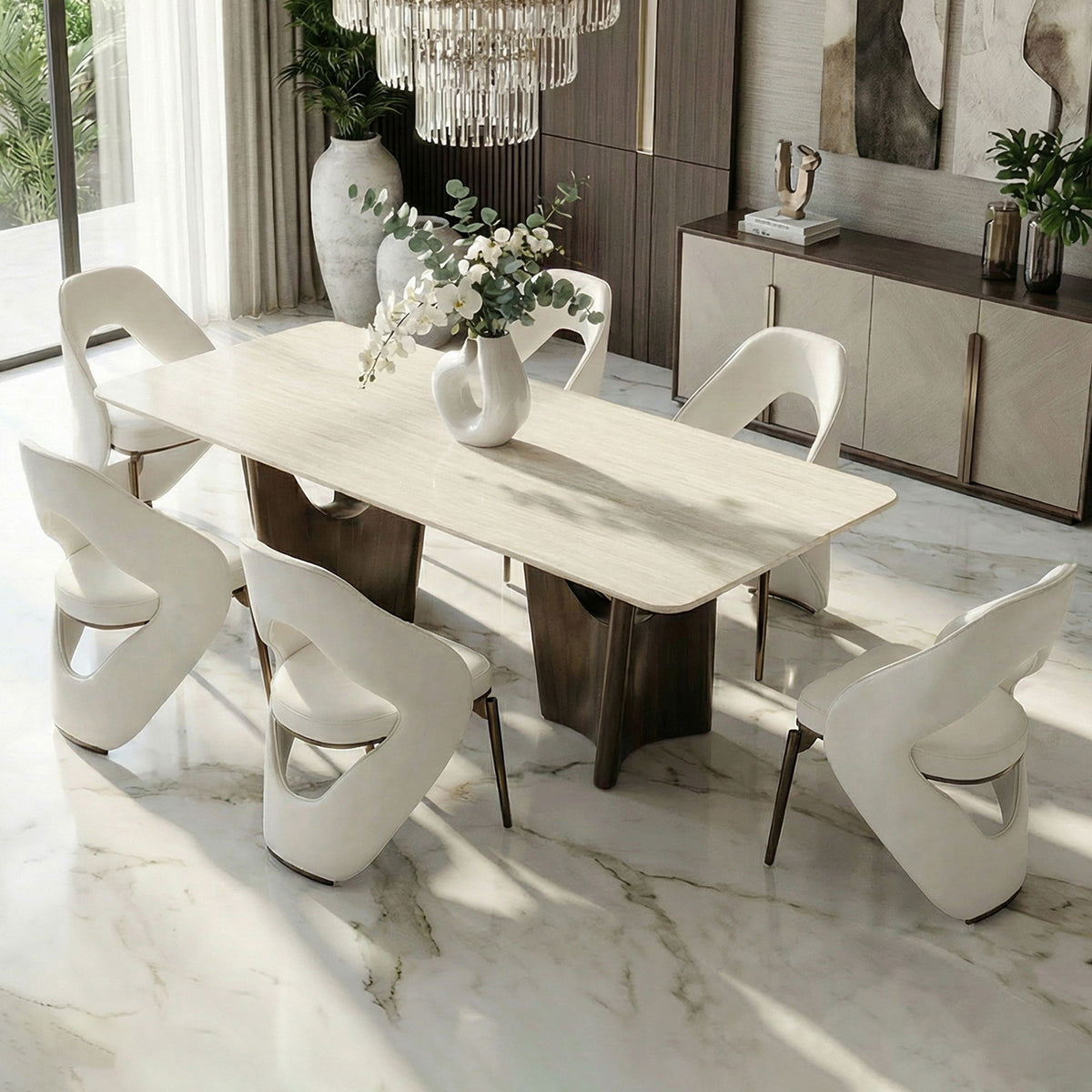Dining Table Set With Upholstery - Ancient White / Antique Bronze / Beige