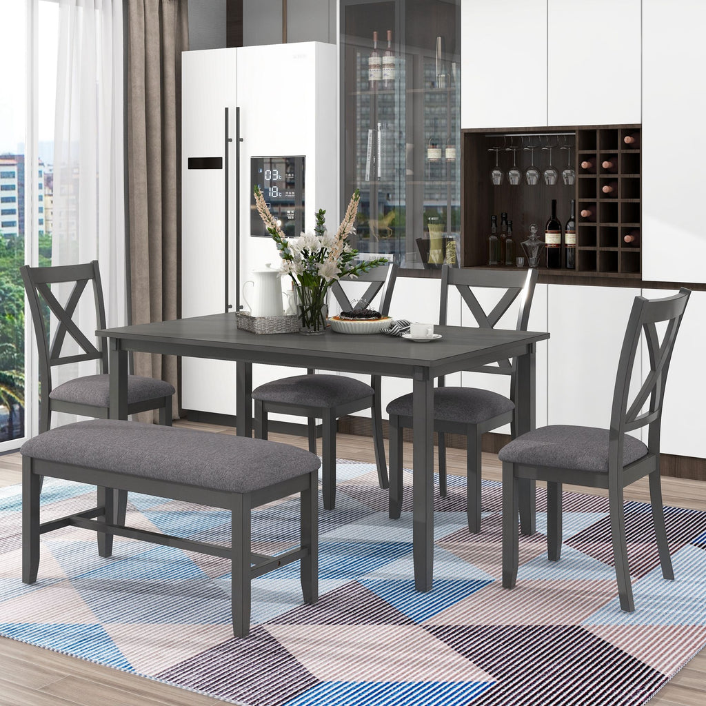 6 Piece Rectangular Dining Table Set With 4 Chairs And Bench