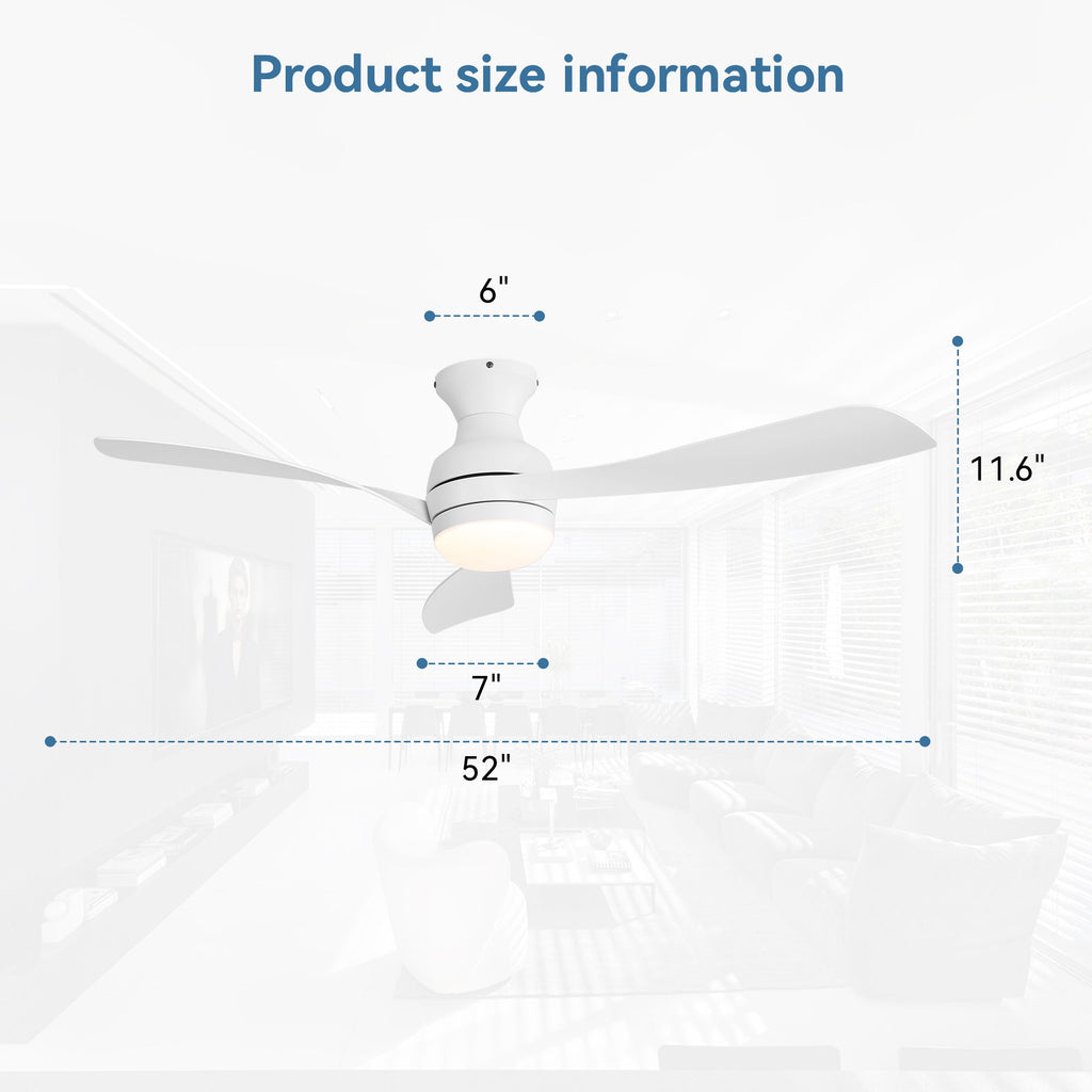 52" Low Profile Ceiling Fan With Lights, Quiet Reversible DC Motor, Dimmable LED, 3 Blades - White