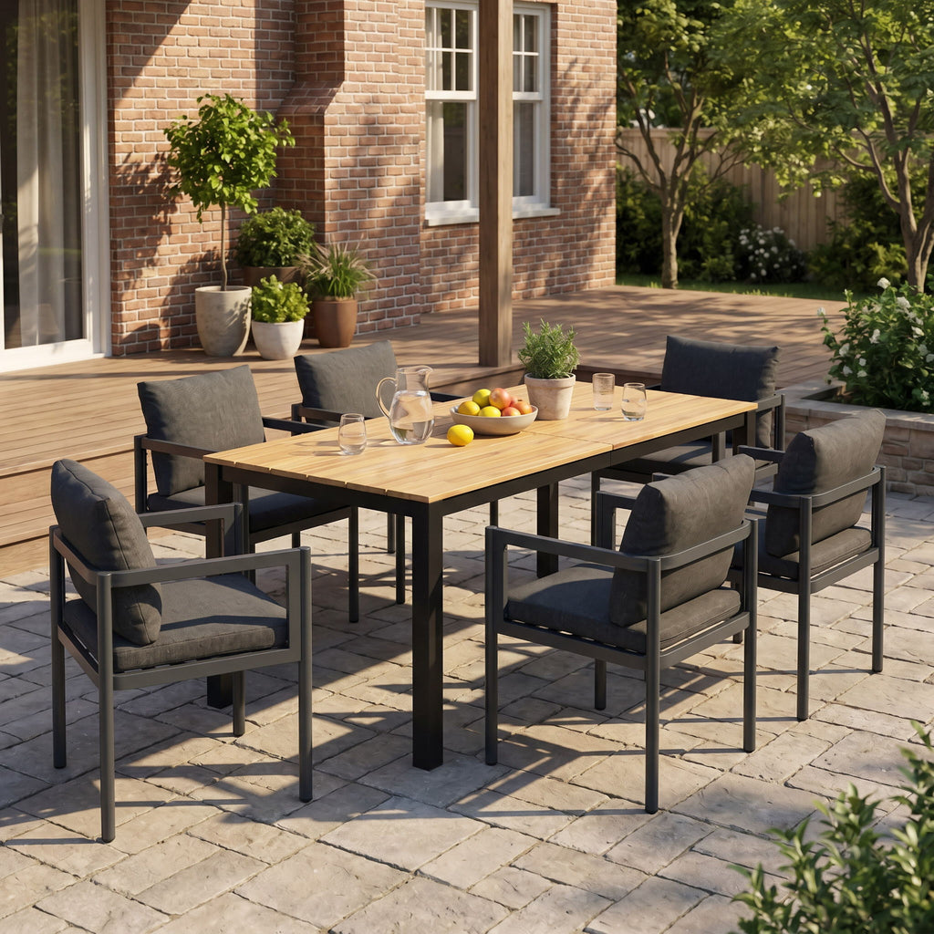 7 Piece Outdoor Dining Set With Table And 6 Chairs - Black / Gray / Teak