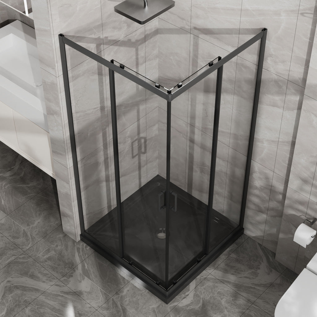Corner Shower Enclosure, Double Sliding Door With Shower Base - Matte Black