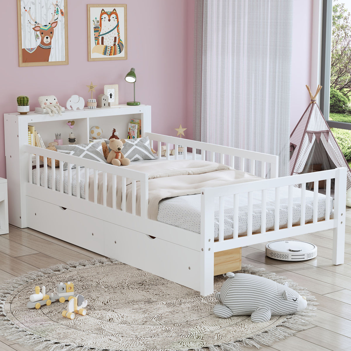 Bed With Headboard Storage Rack, 2 Under Bed Drawers, 3 Side Guardrails For Safety