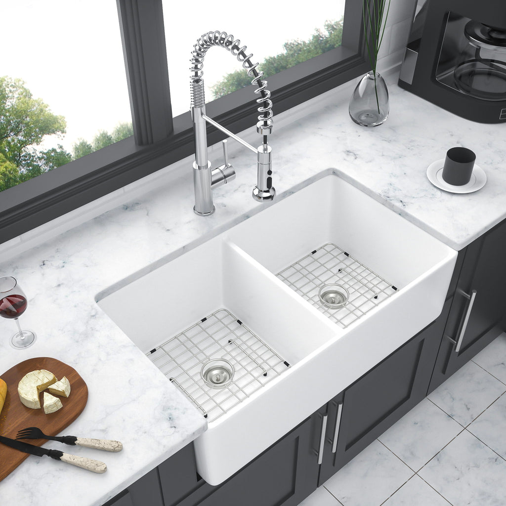 Double Bowl Apron Front Kitchen Sink 32", Sturdy And With Scratch Resistant - White