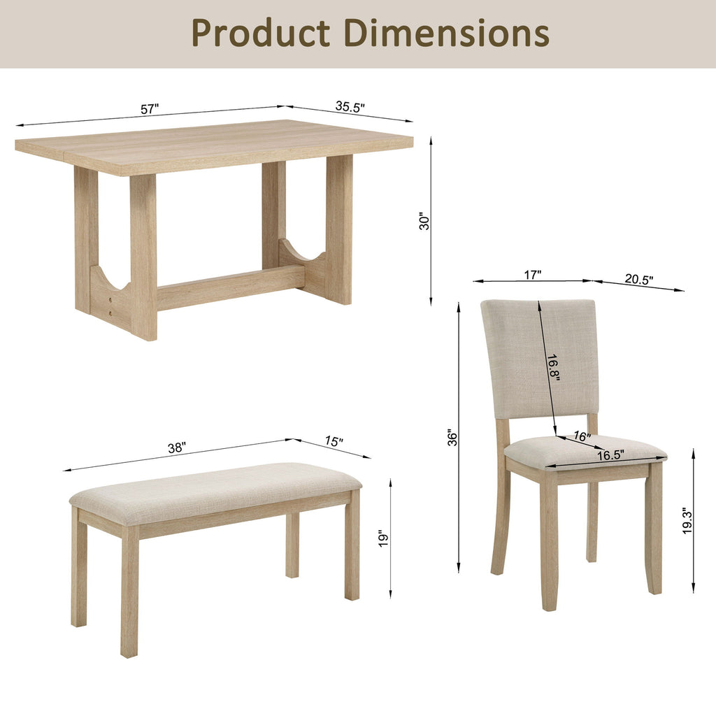 6 Piece Rectangular Kitchen Table Set With Bench And 4 Upholstered Chairs For Kitchen - Light Oak