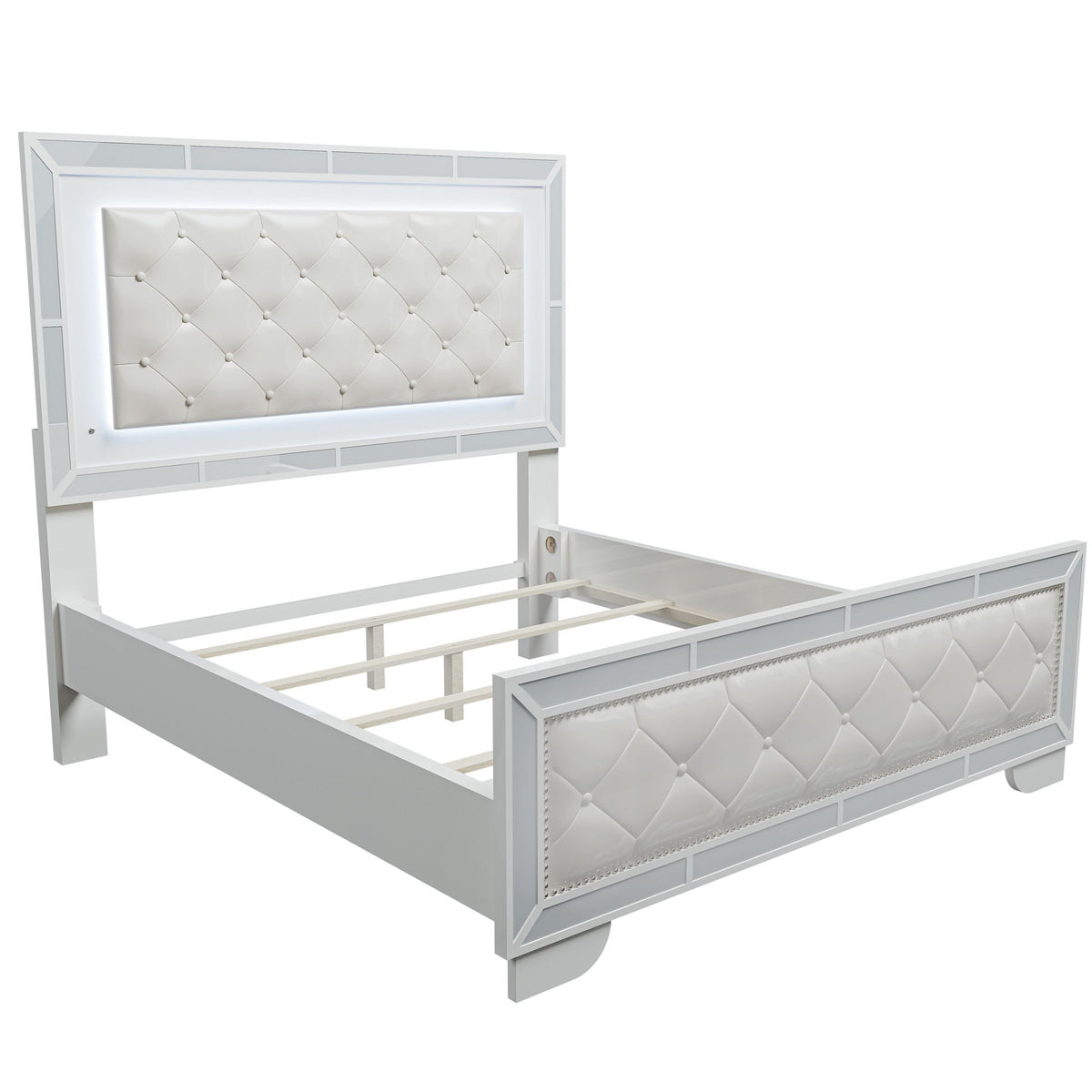 Eastern King Size Bed With LED Lights And Mirror Trim - Cream / Ivory