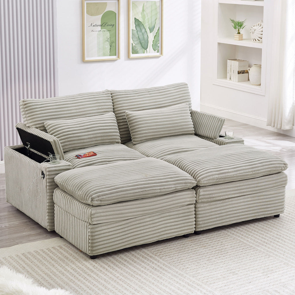 Convertible Loveseat Sofa With Storage, USB Ports, Cup Holders