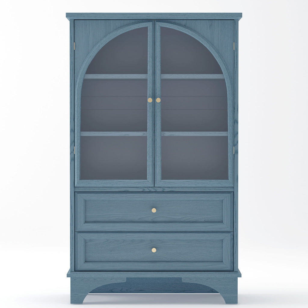 Glass Door Display Case With 2 Drawers And Adjustable Shelf
