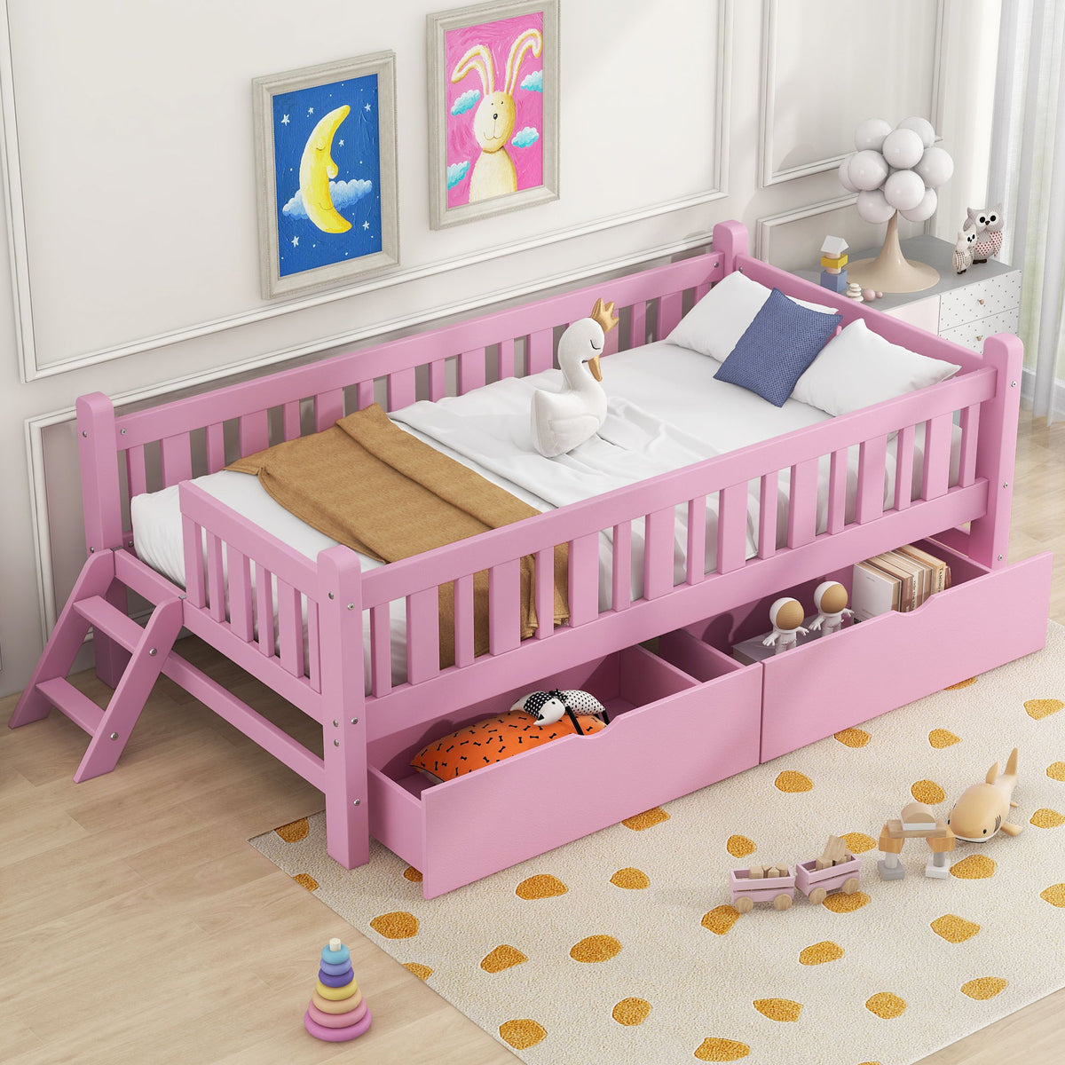 Platform Bed With Guardrail And 2 Drawers