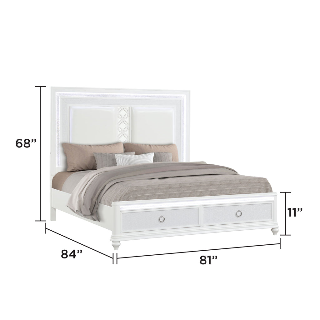 Abigale - King Bed With LED Lighting And 2 Drawer Storage Footboard - White