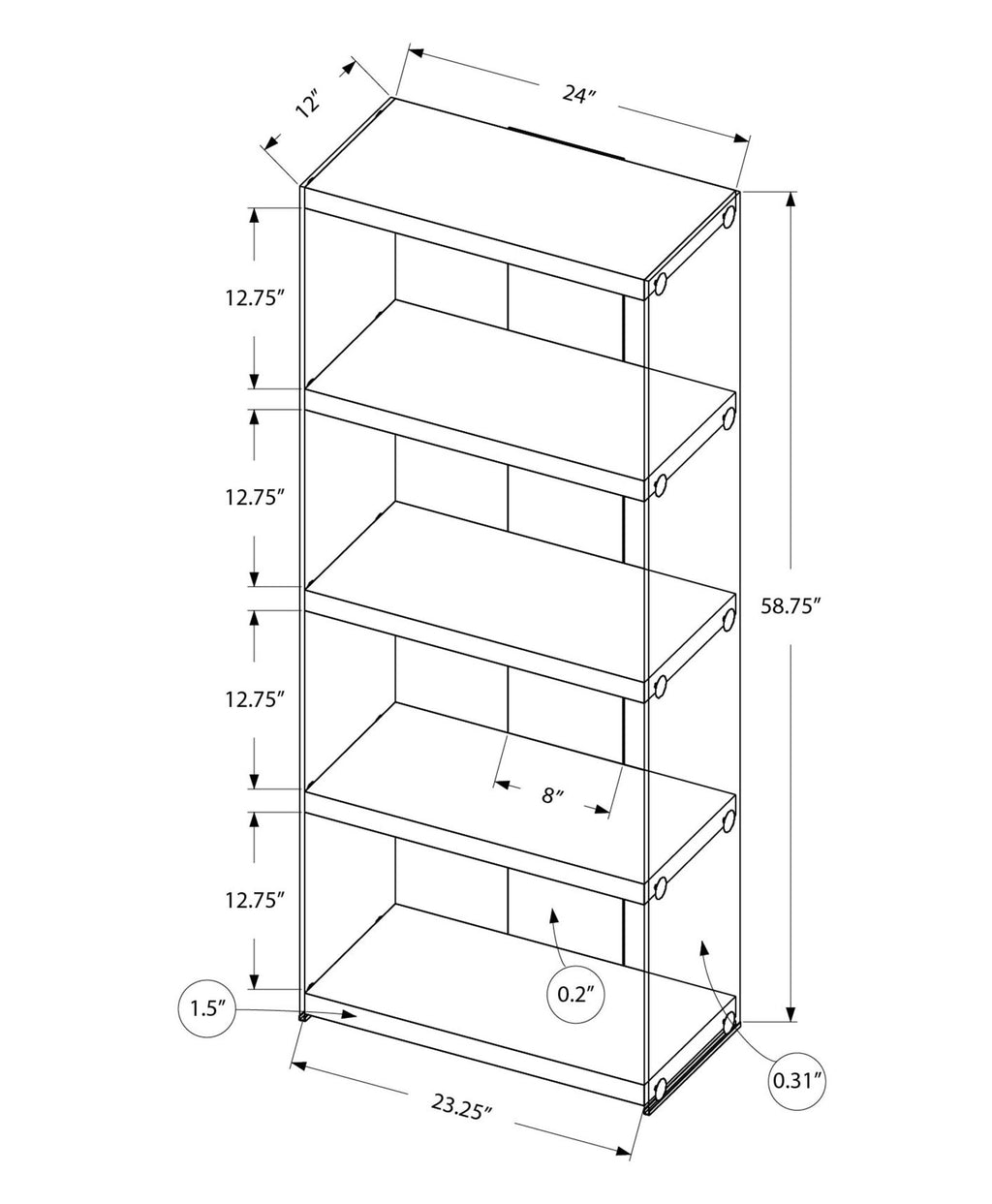 Bookshelf, Bookcase, Etagere, 5 Tier, Glossy Clear Tempered Glass - White