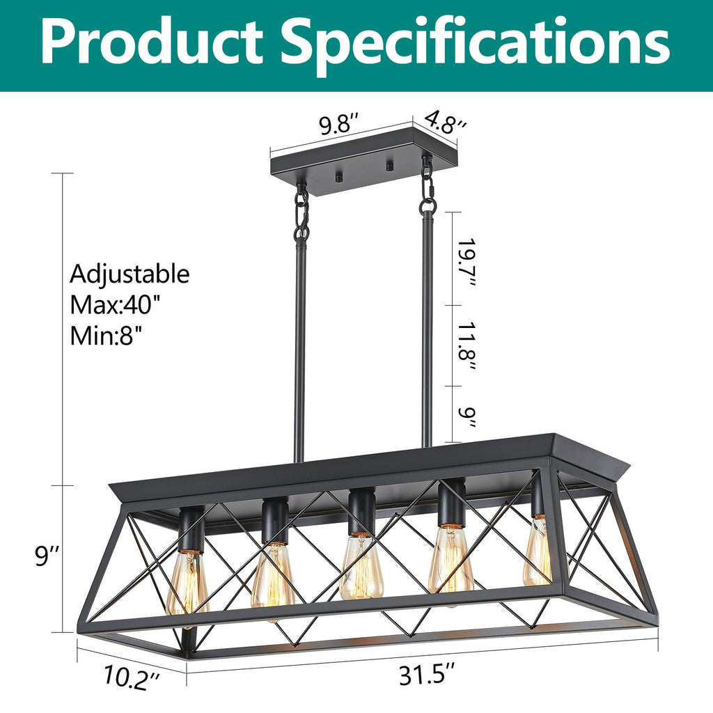 Chandelier Pendant Light For Dining Room Kitchen, 5 Light Fixture With Adjustable Height