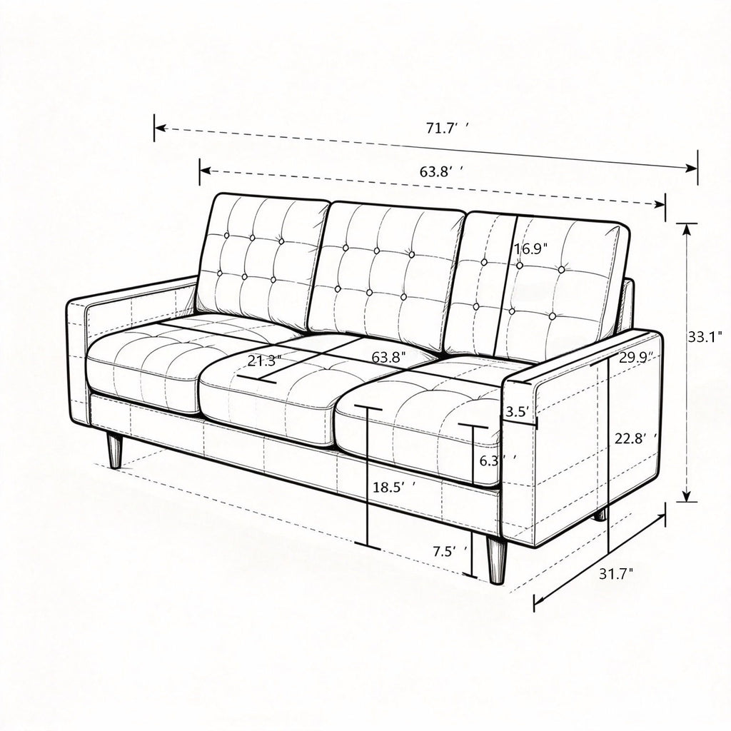 3 Seat Sofa Couch With Tufted Back Upholstered Couch For Living Room
