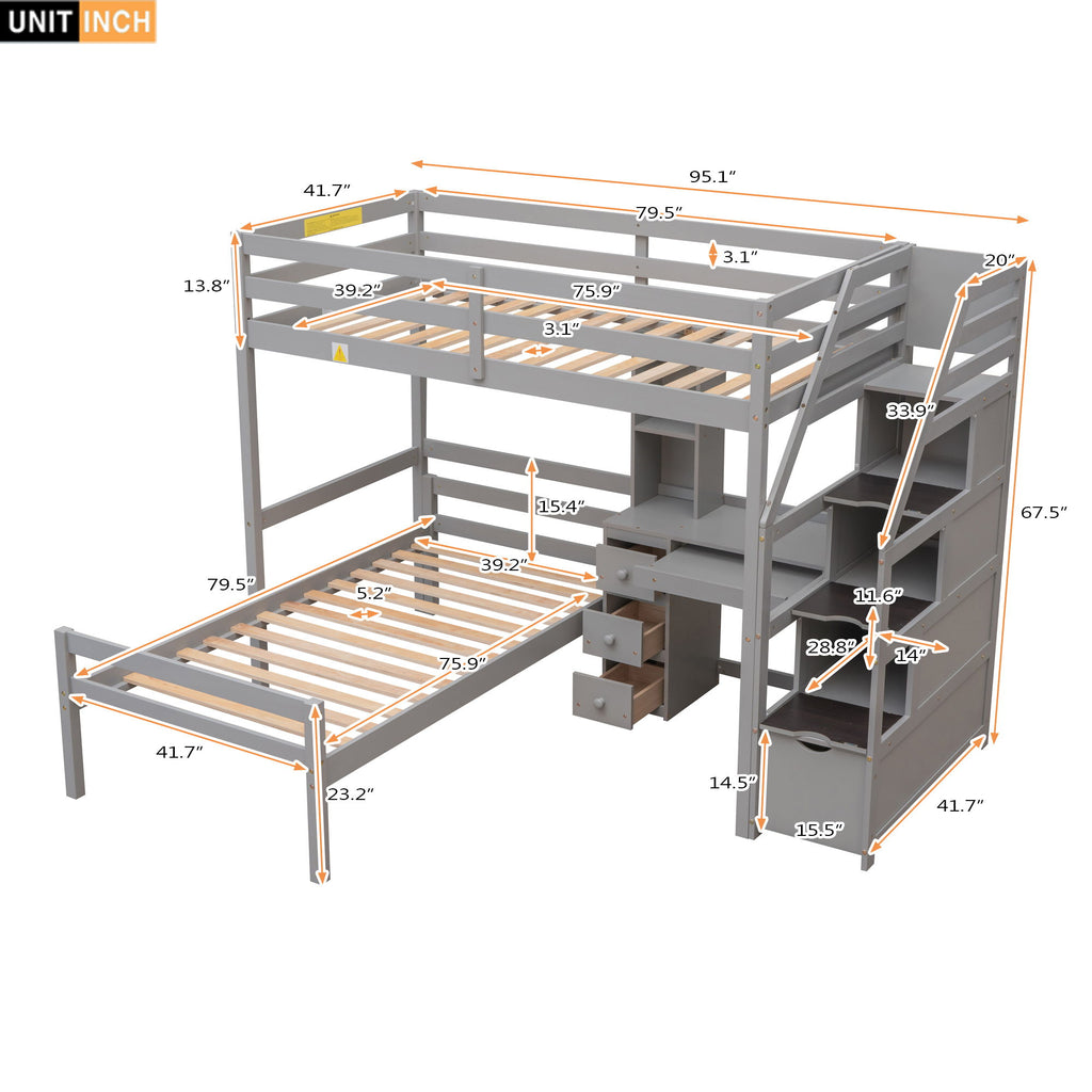 Loft Bed With Stand Alone Bed, Storage Staircase, Desk, Shelves, And Drawers