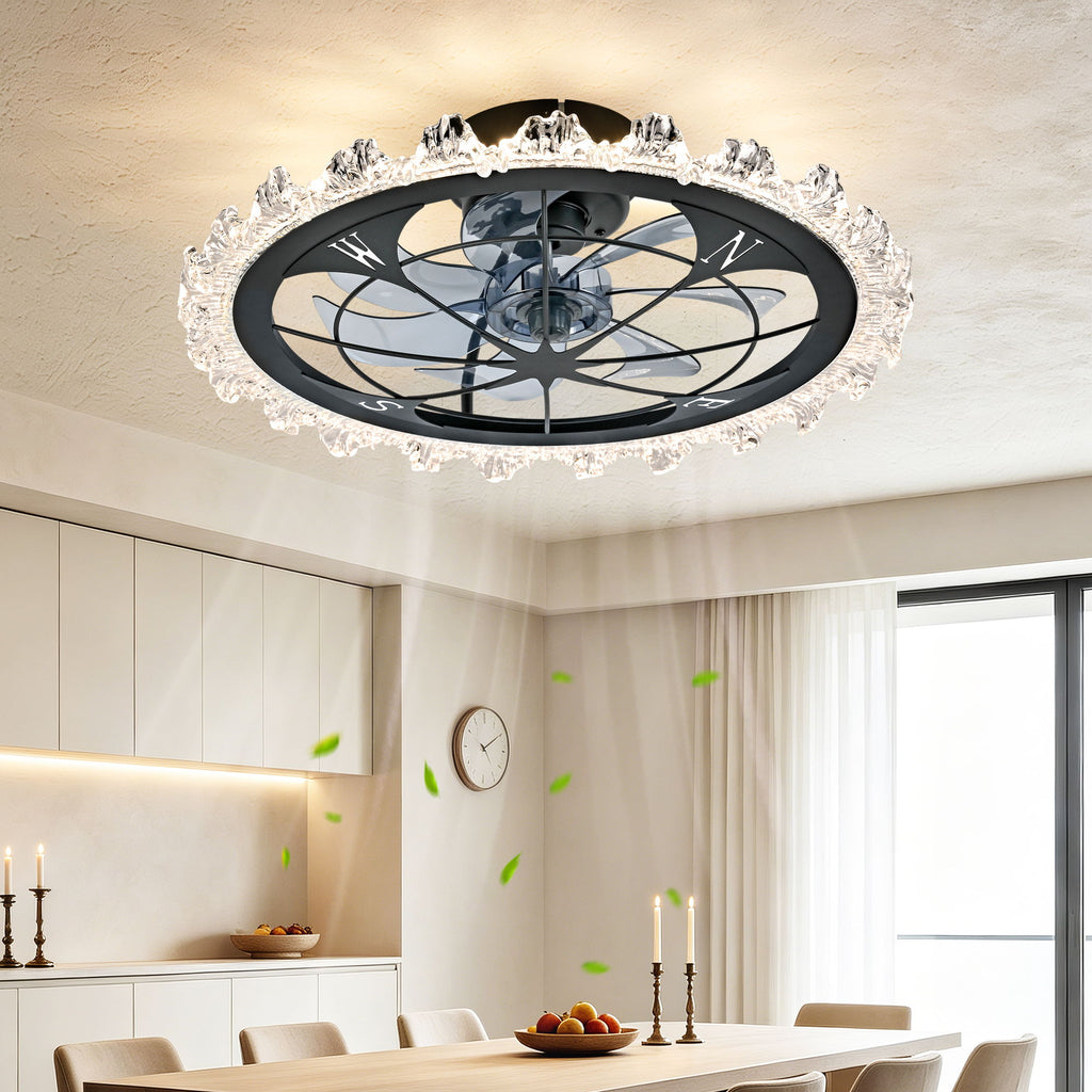 Caged Ceiling Fan With Remote Controlled Dimmable LED Lights, Flush Mount Fan, Low Profile Design - Matte Black
