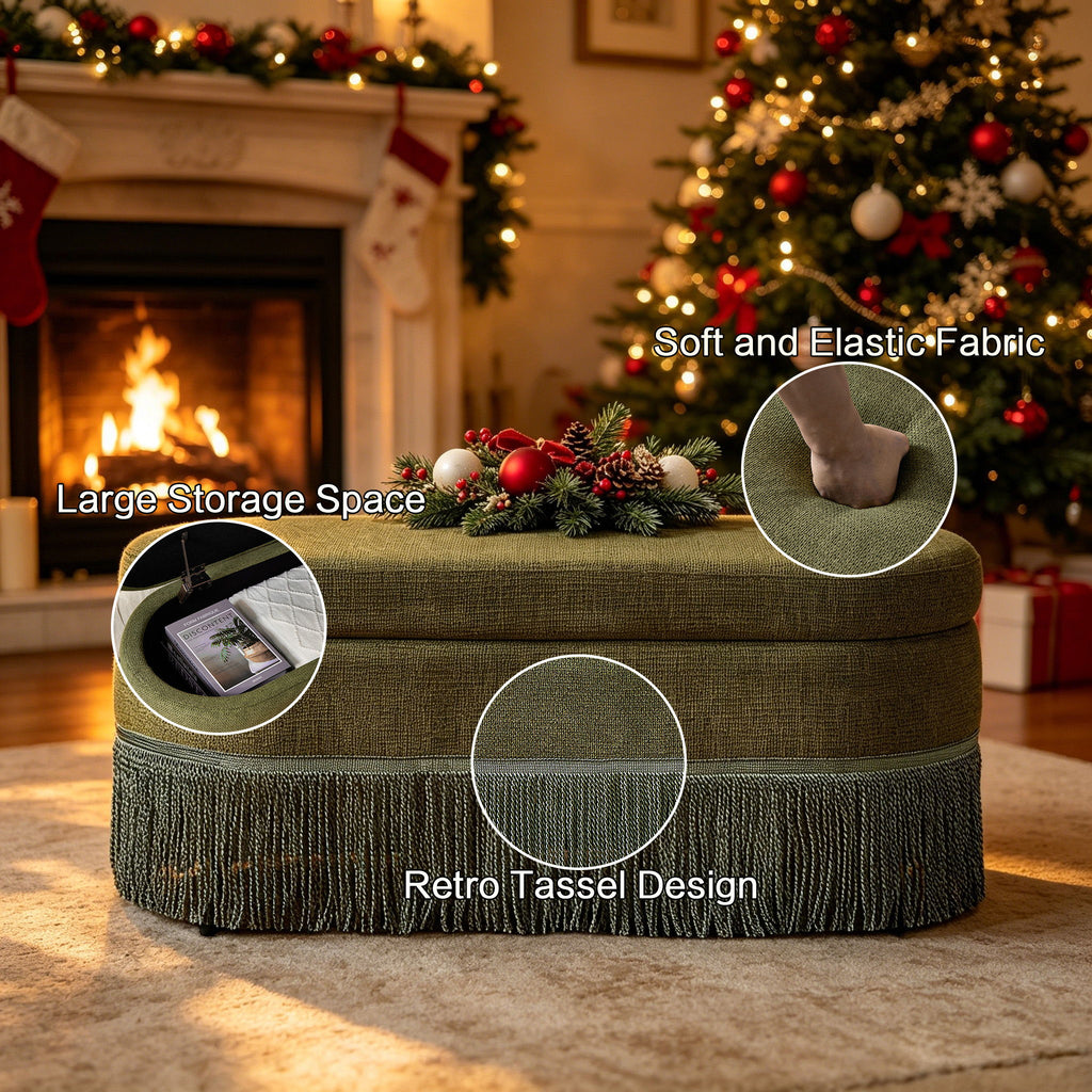 Oval Upholstered Storage Ottoman With Fringe Trim & Lift Top Lid