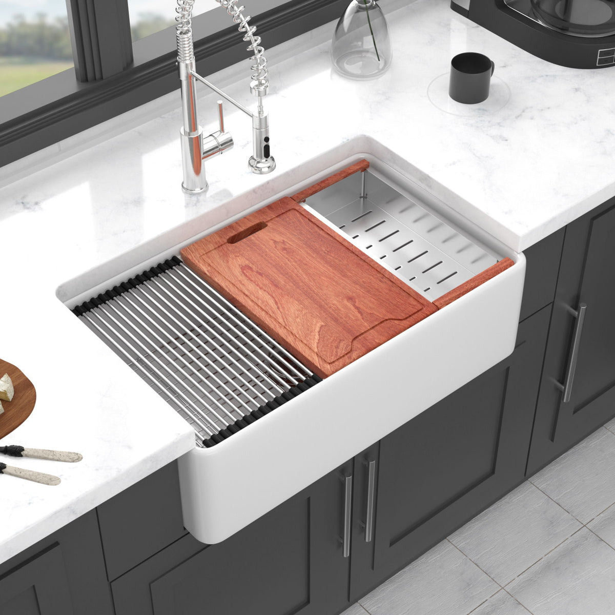 Farmhouse Sink Workstation, Ceramic Single Bowl With Accessories