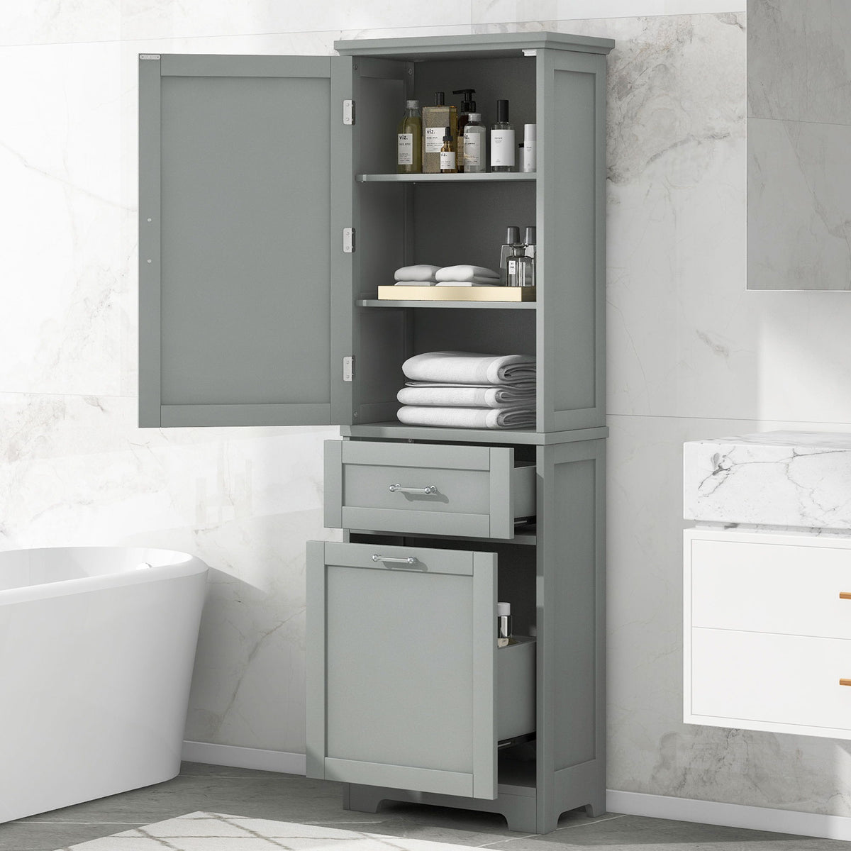 Tall Freestanding Bathroom Storage Cabinet With Adjustable Shelf And 2 Drawers