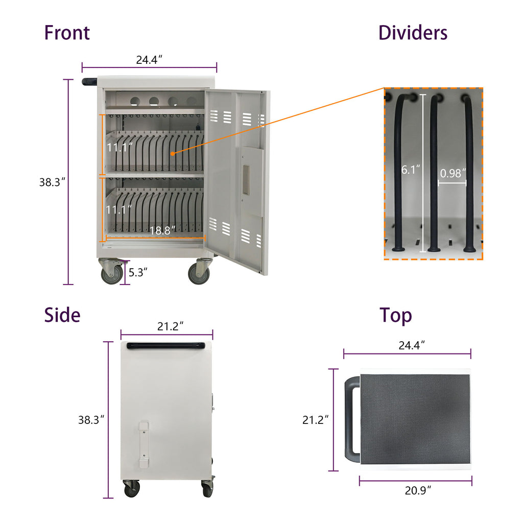 Mobile Charging Cart And Cabinet For Tablets Laptops 30 Device With Combination Lock - Antique White