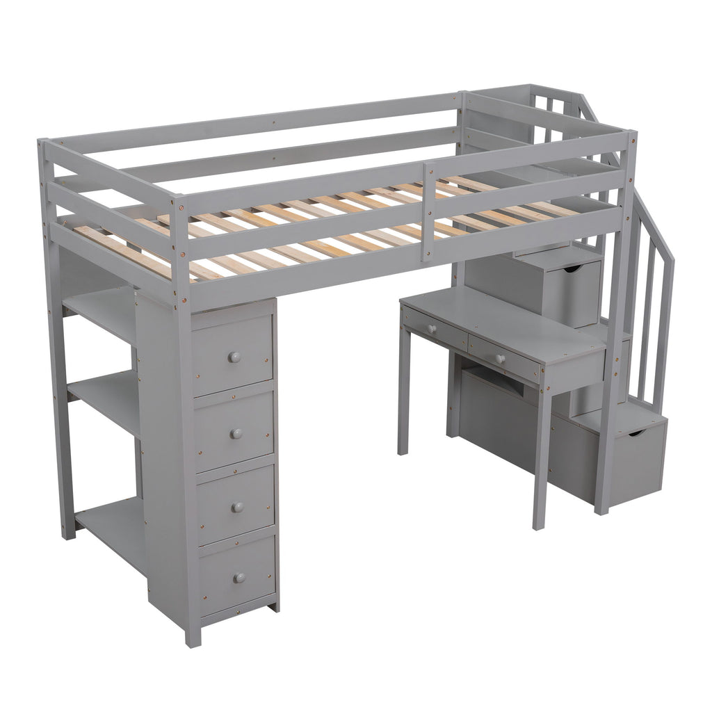 Loft Bed With Storage Drawers, Desk And Stairs With Shelves