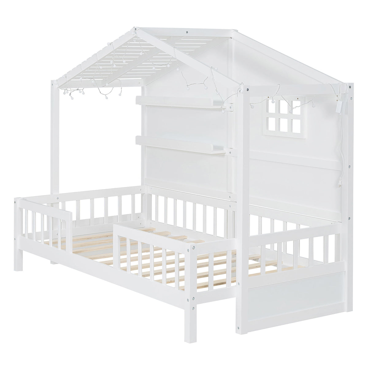 House Bed With Shelves, Window And Sparkling Light Strip On The Roof