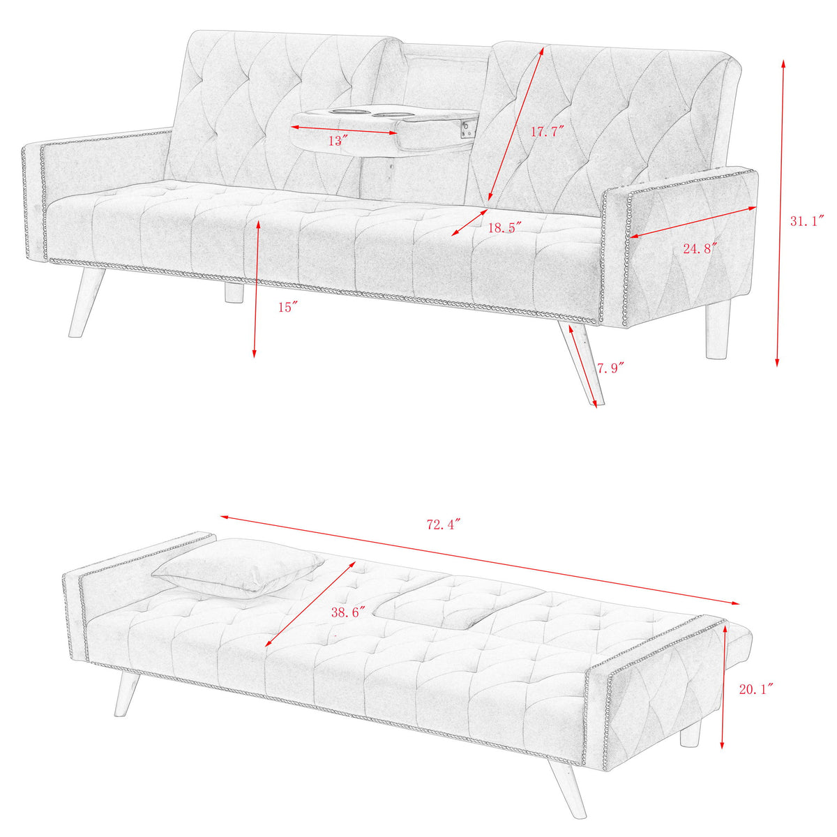Sofa Bed With Nail Head Trim And Cup Holders - Pink
