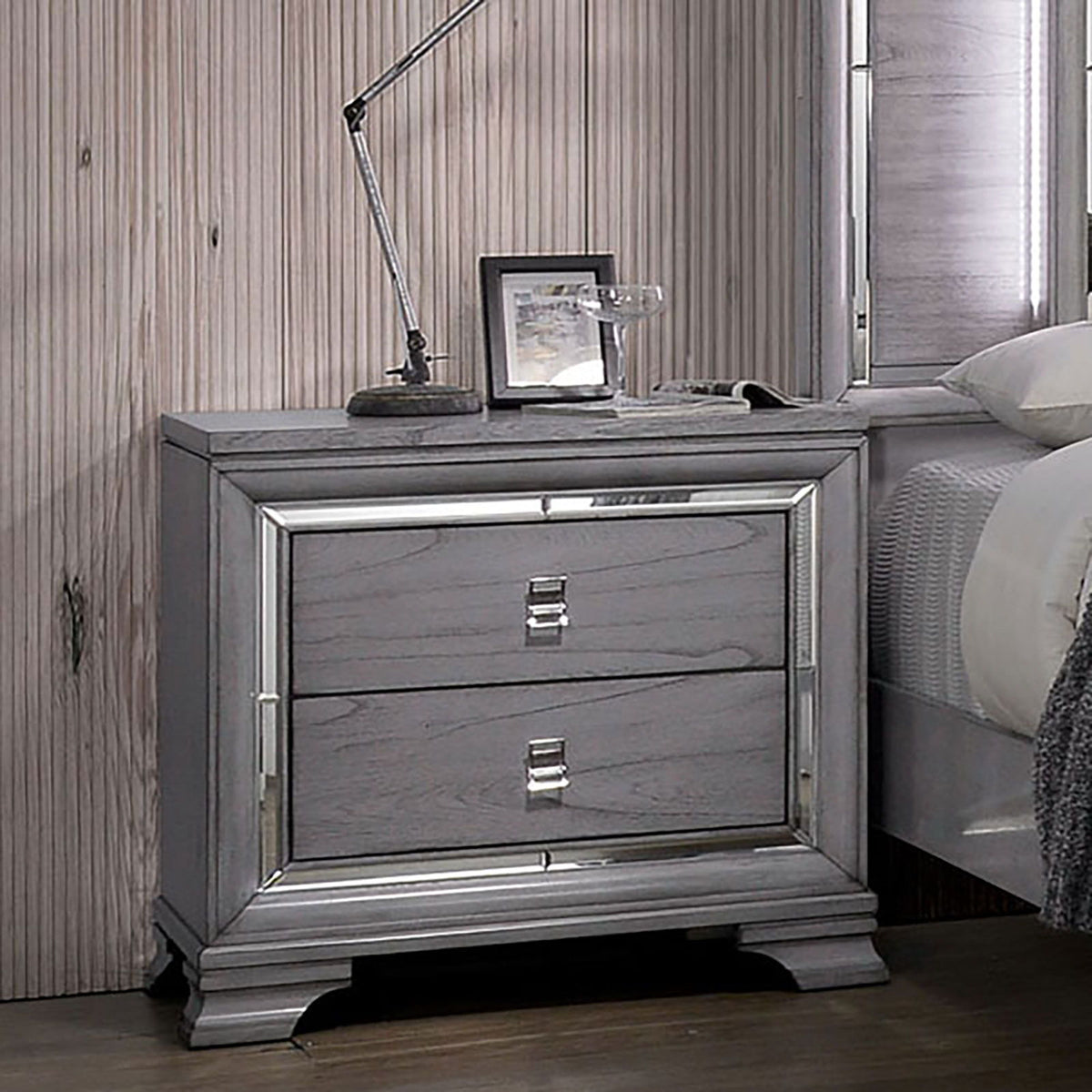 Nightstand With Mirror Trim - Light Gray