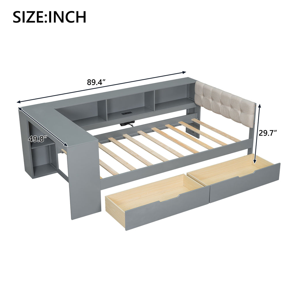 Upholstered Headboard Platform Bed With Storage Shelves, Drawers, Charging Station