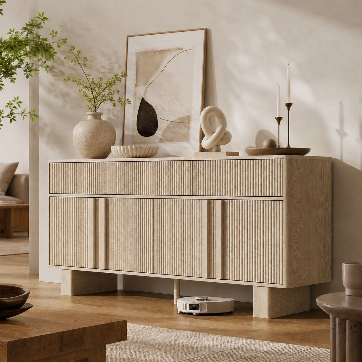 Sideboard Buffet Cabinet With 3 Drawers And 4 Doors For Dining Room