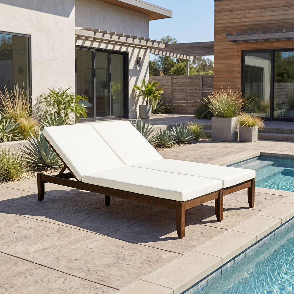 Adjustable Outdoor Patio Lounge Chair 2 Seater Recliner - Beige / Walnut