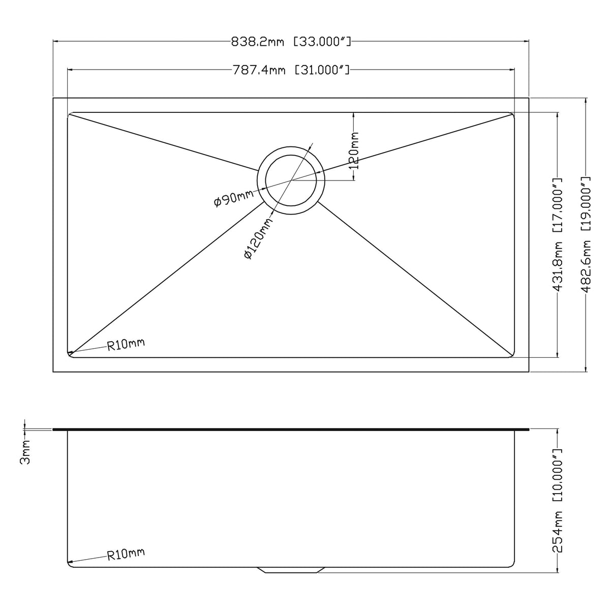 Undermount Kitchen Sink 16 Gauge Single Bowl Stainless Steel