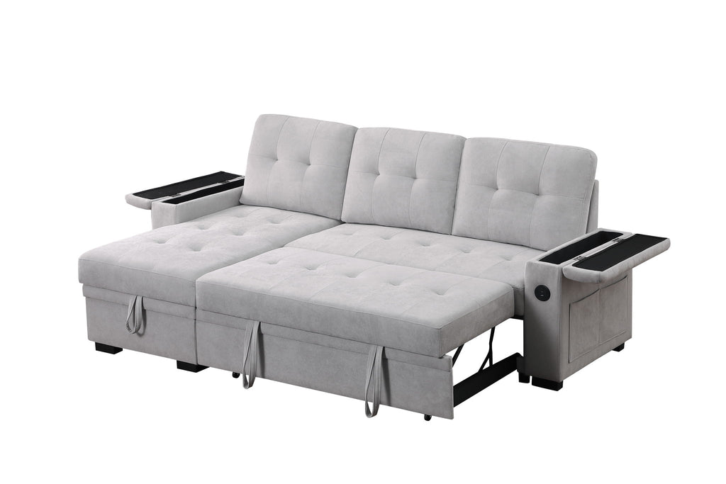 Ashlyn II - Reversible Sleeper Sectional Sofa With Storage Chaise, Storage Arm, Cup Holder, Charging Ports, Side Pockets, and Pocket Coil Seating - Gray