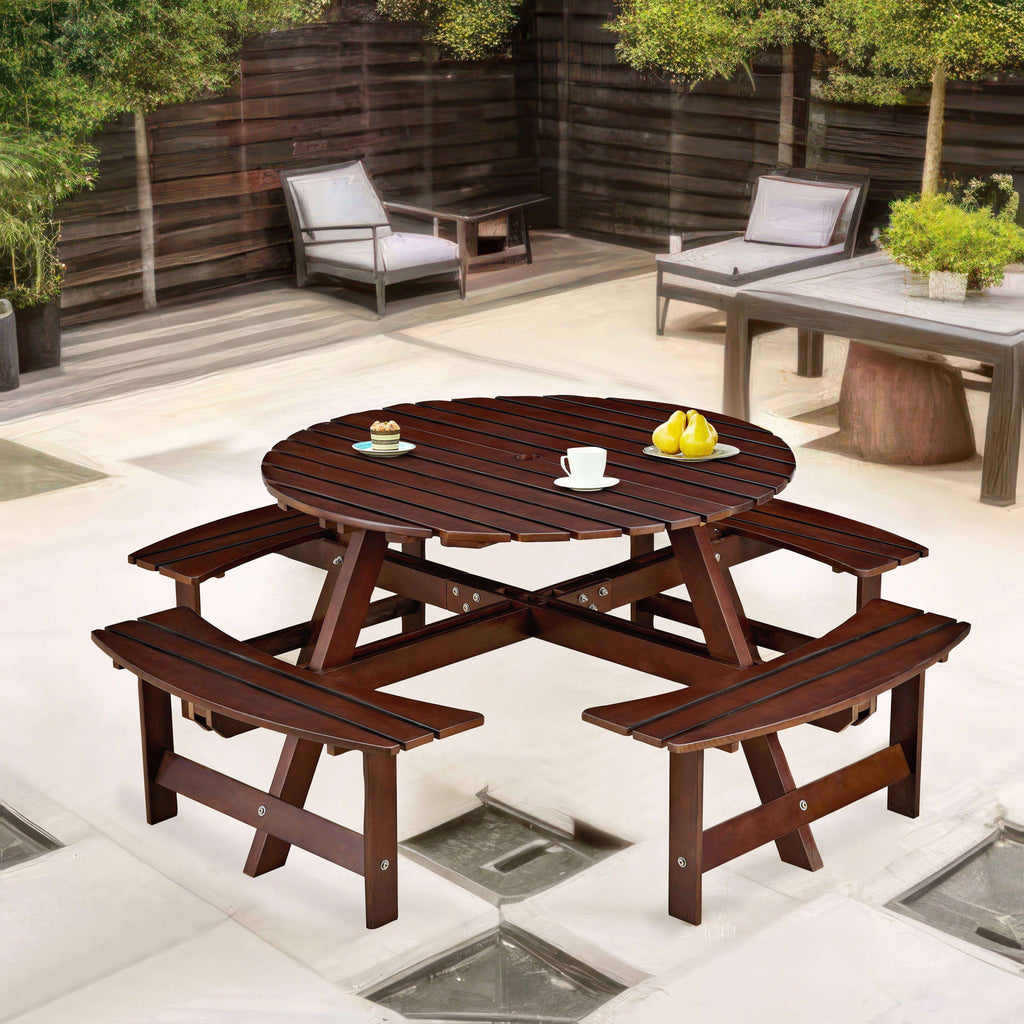 8 Person Round Picnic Table With 4 Built In Benches, Umbrella Hole For Garden - Brown