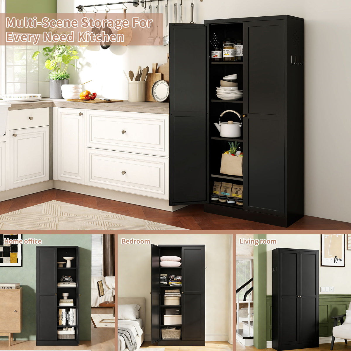 Kitchen Pantry Cabinet With 4 Adjustable Shelves, Heavy Duty Freestanding Organizer