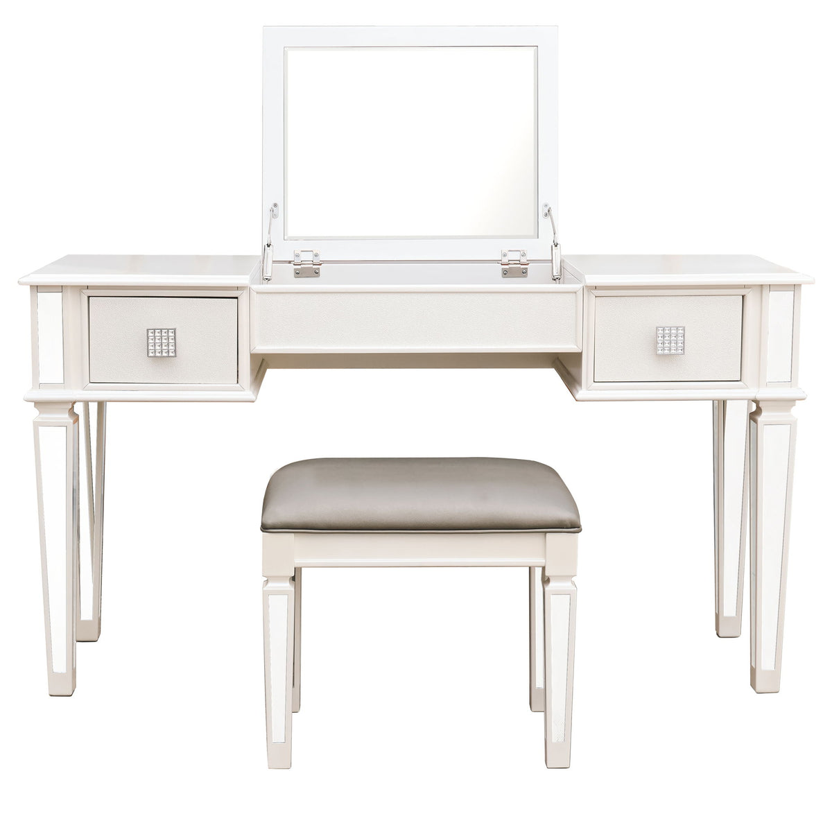 Mirrored Vanity Desk With Drawers And Stool, Flip Up Dressing Table Set For Makeup Room