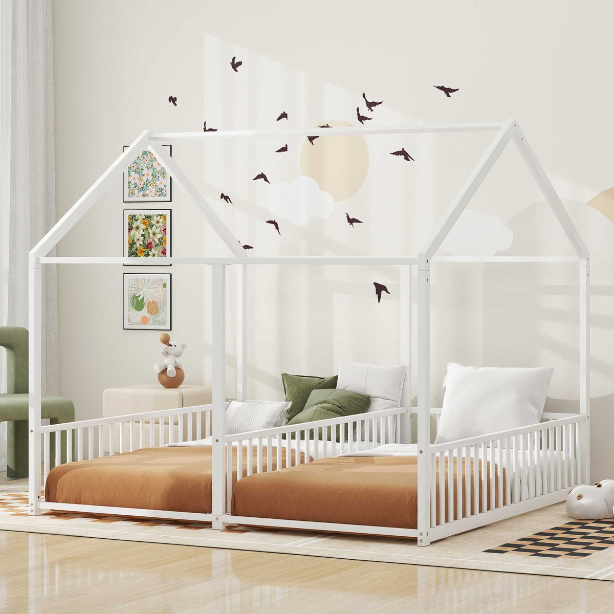 Metal Twin Size House Platform Beds 2 Shared Beds - Antique White
