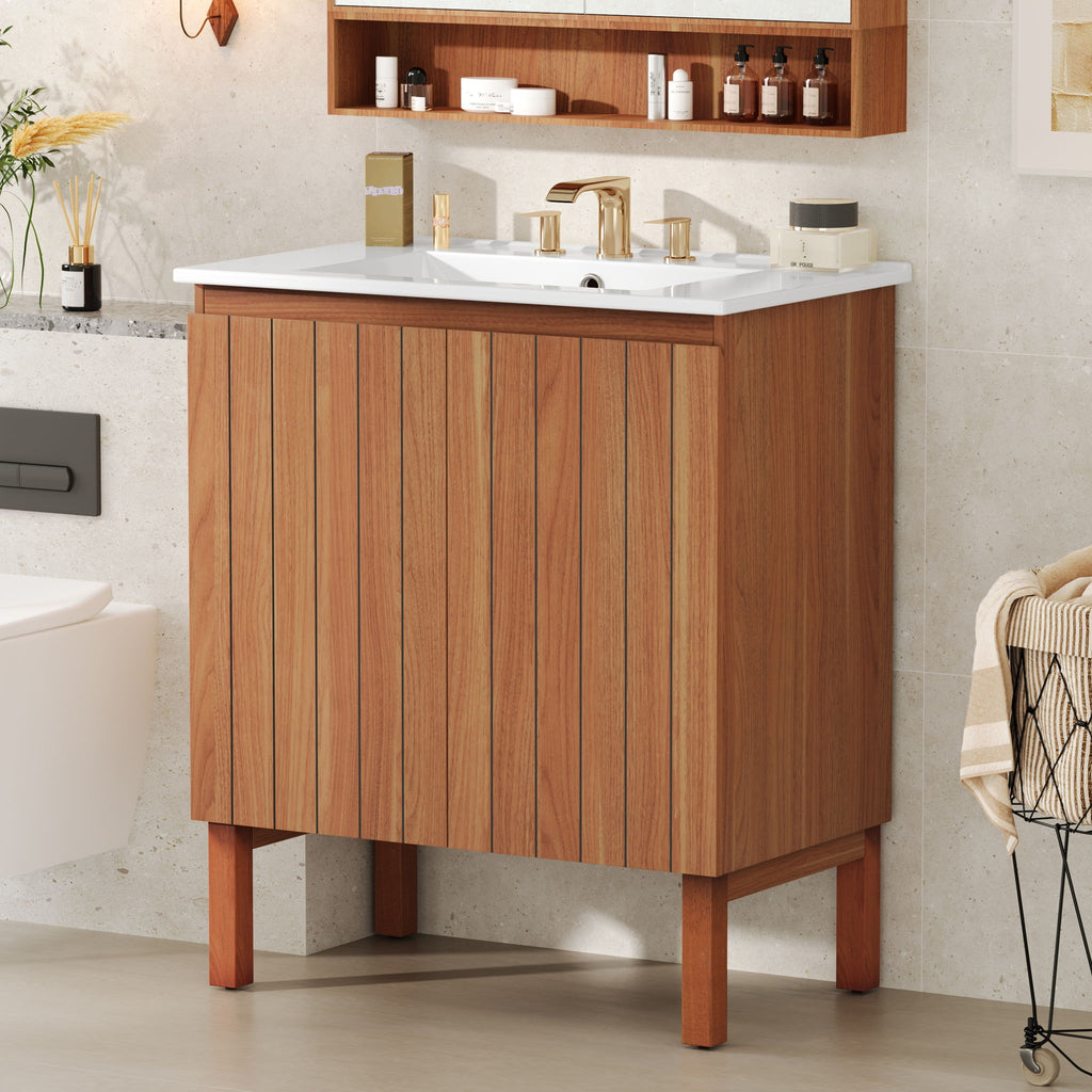 Bathroom Vanity With Sink, Minimalist Design, 45 Degrees Free Handle Doors - Antique Natural