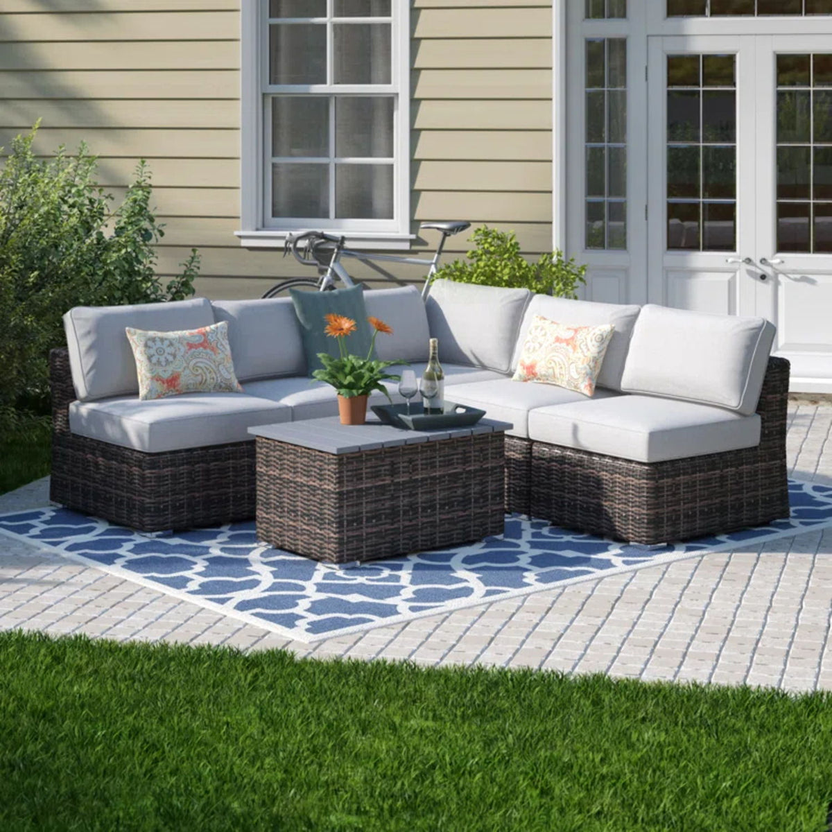 Wicker Sectional Sofa With Cushions And Table