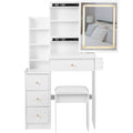 Cabinet Vanity Table & Cushioned Stool, USB Power Station, Hair Dryer Bracket - White