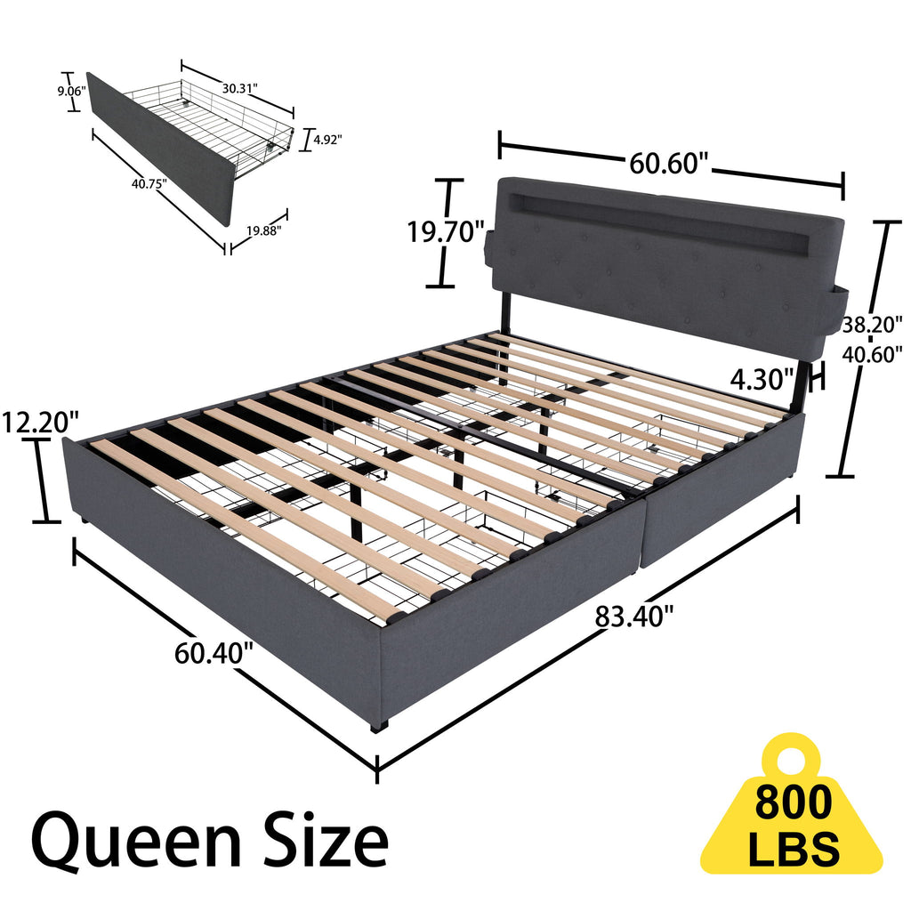 Bed With USB Charging Station, LED Lights, Headboard & Storage Drawers