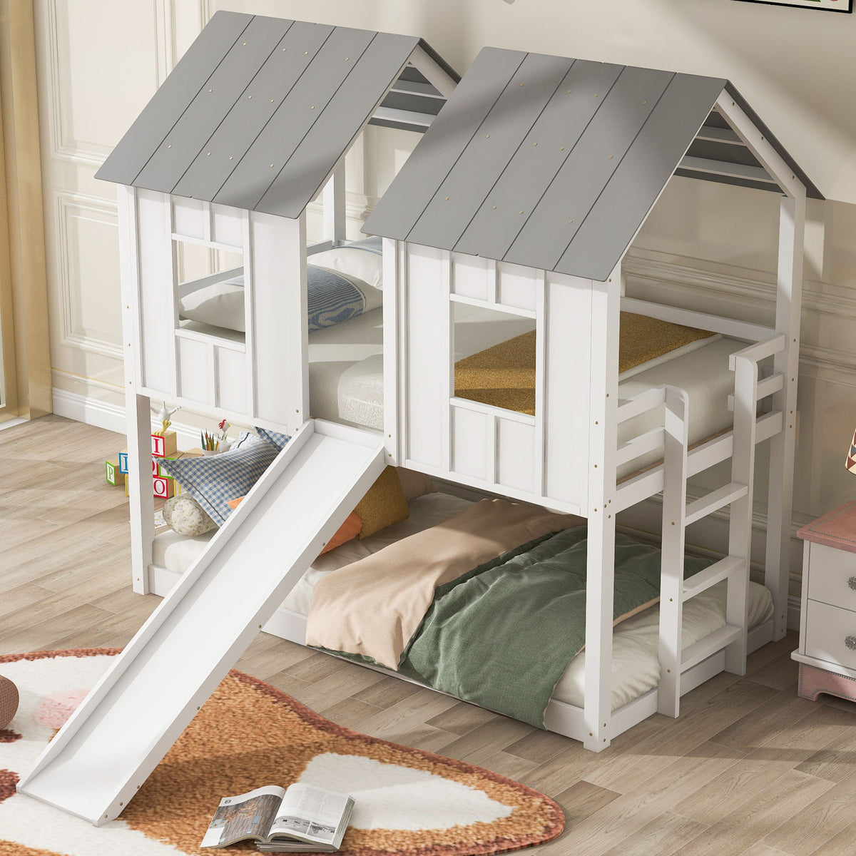 Twin Over Twin House Bunk Bed With Slide And Windows - White / Gray
