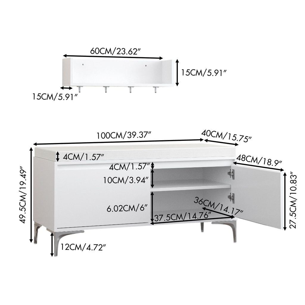 Wall Mounted Entryway Shelf With Hooks And Storage Bench Set - Off White