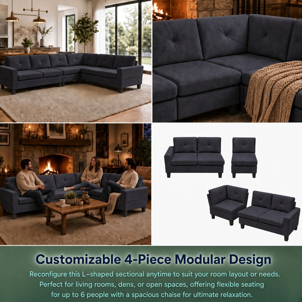 Modular L - Shaped Sectional Sofa 6 Seater 4 Piece Couch With Chaise