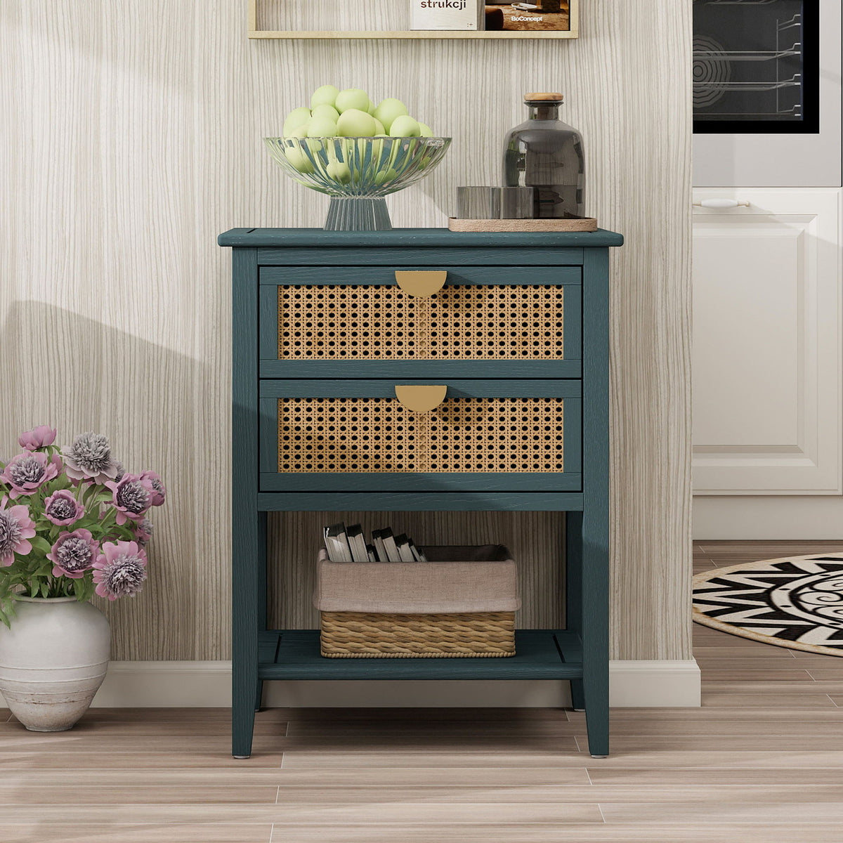 2 Drawer Side Table, Natural Rattan