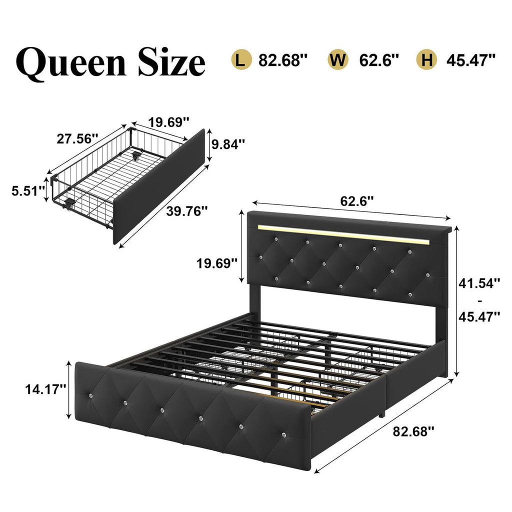 Upholstered Bed Frame With LED Lights, 4 Storage Drawers, Charging Station