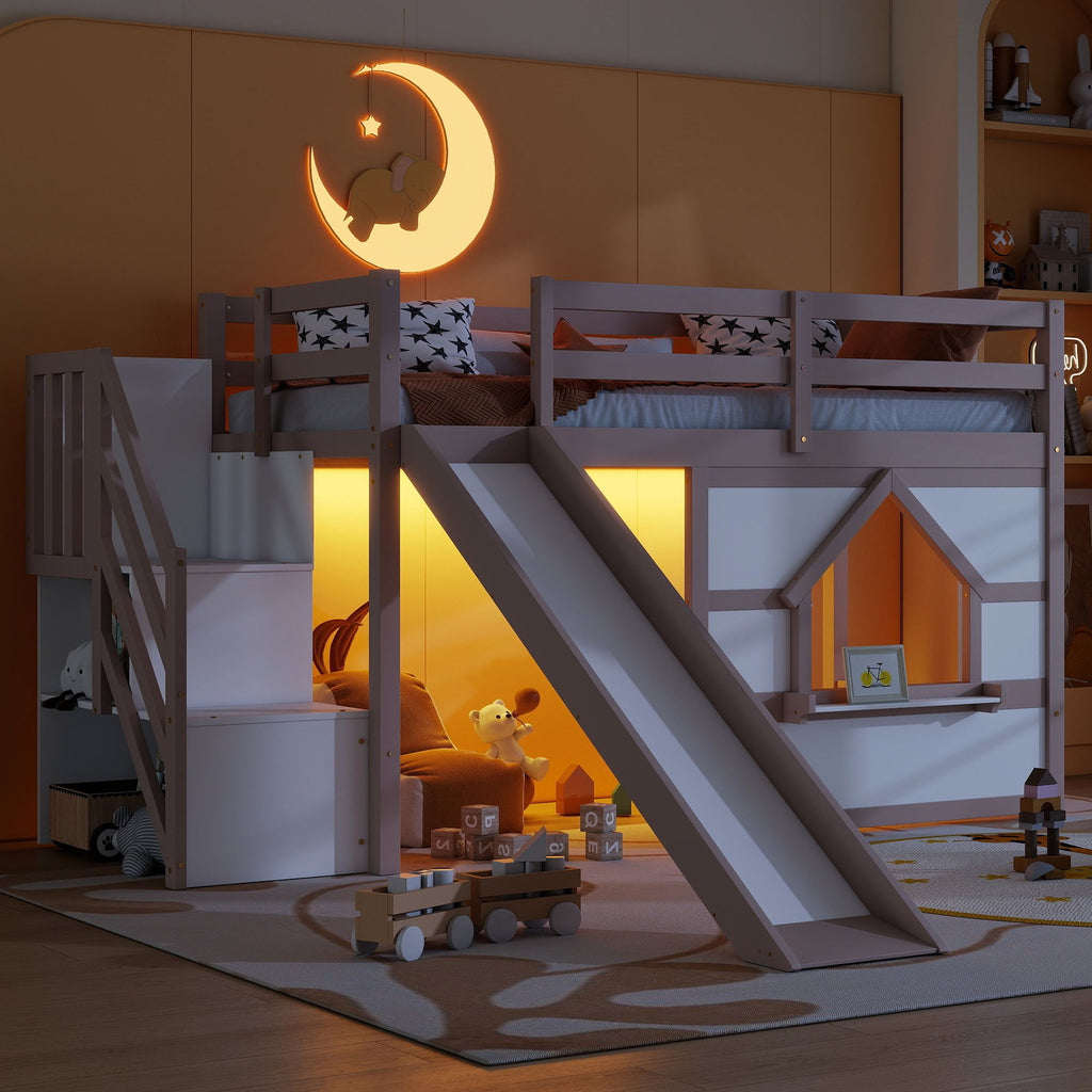 Loft Bed With Storage Stairs, Slide, Playhouse Window And 7 Colors LED Lights