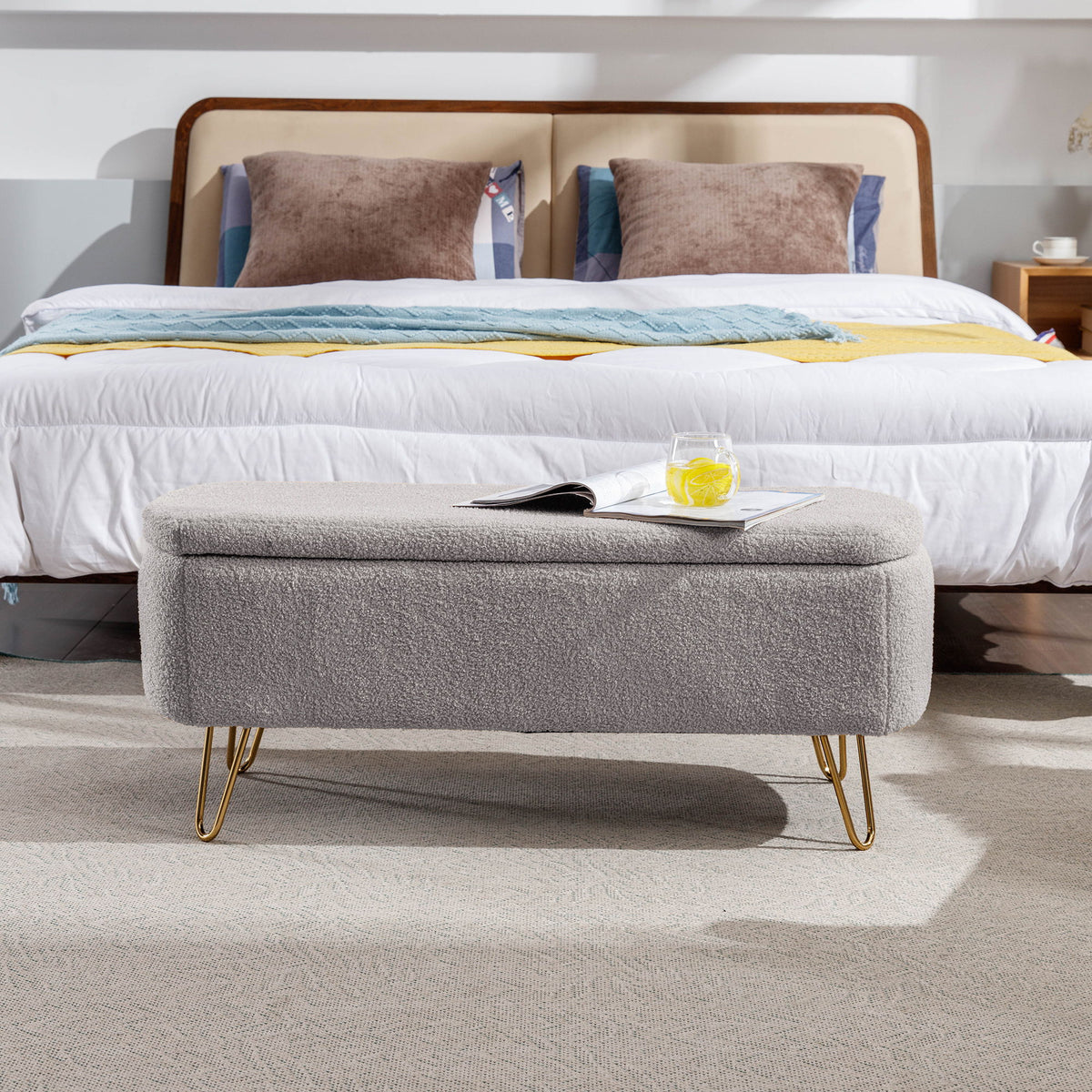 Storage Ottoman Bench For End Of Bed Legs, Modern Camel Faux Fur Entryway Bench Upholstered Padded With Storage For Living Room Bedroom