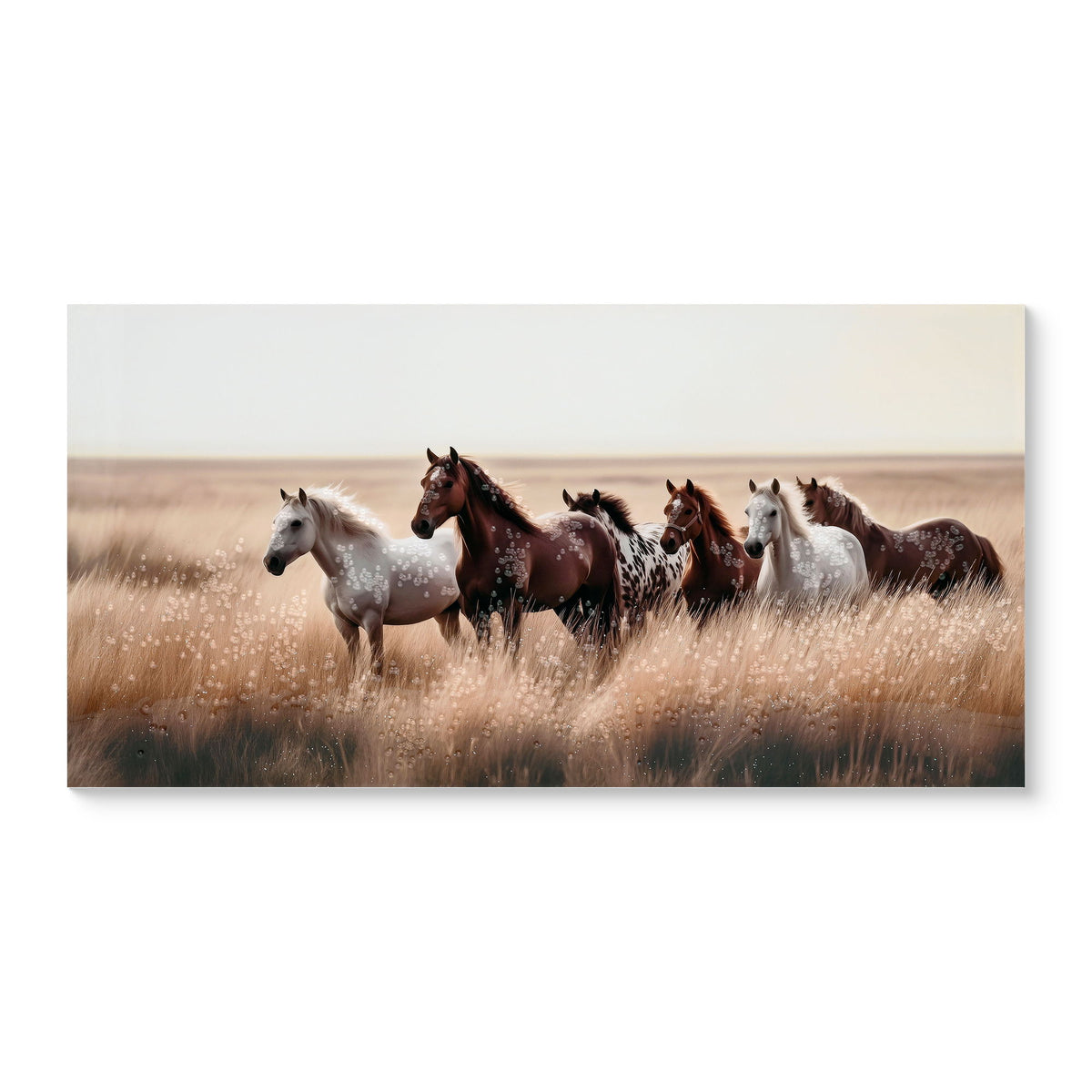 Horses Wall Art Decor, Western Farm Equine Canvas Picture Wild Animals Walking For Living Room - Brown / Cottage White