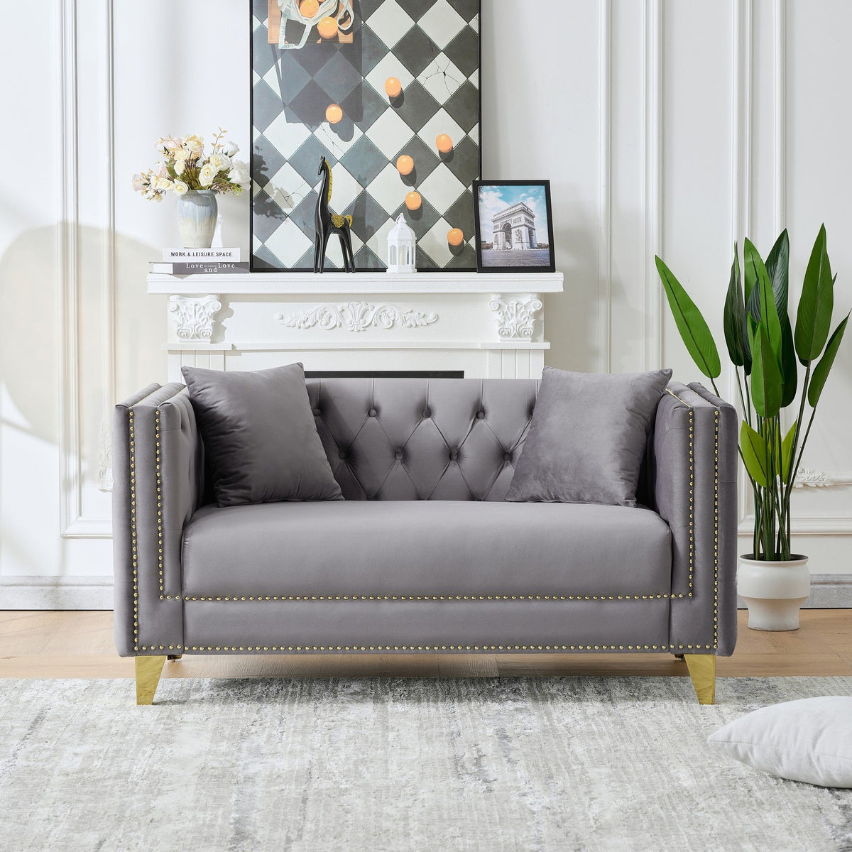 2 Seater Deep Seat Sofa With Button Nailhead, Square Arm