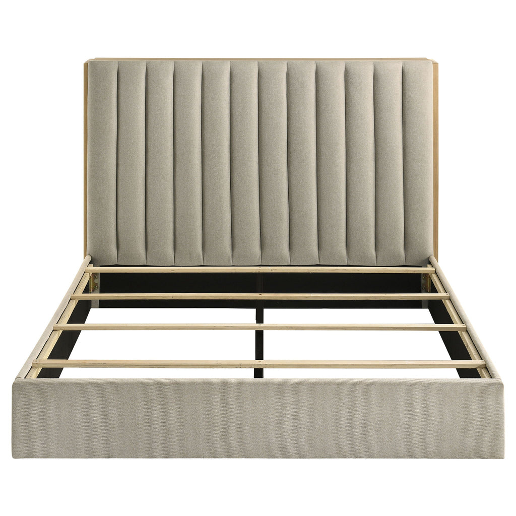 Merritt - Queen Bookcase Storage Bed With Tufted Headboard - Light Oak / Light Tan